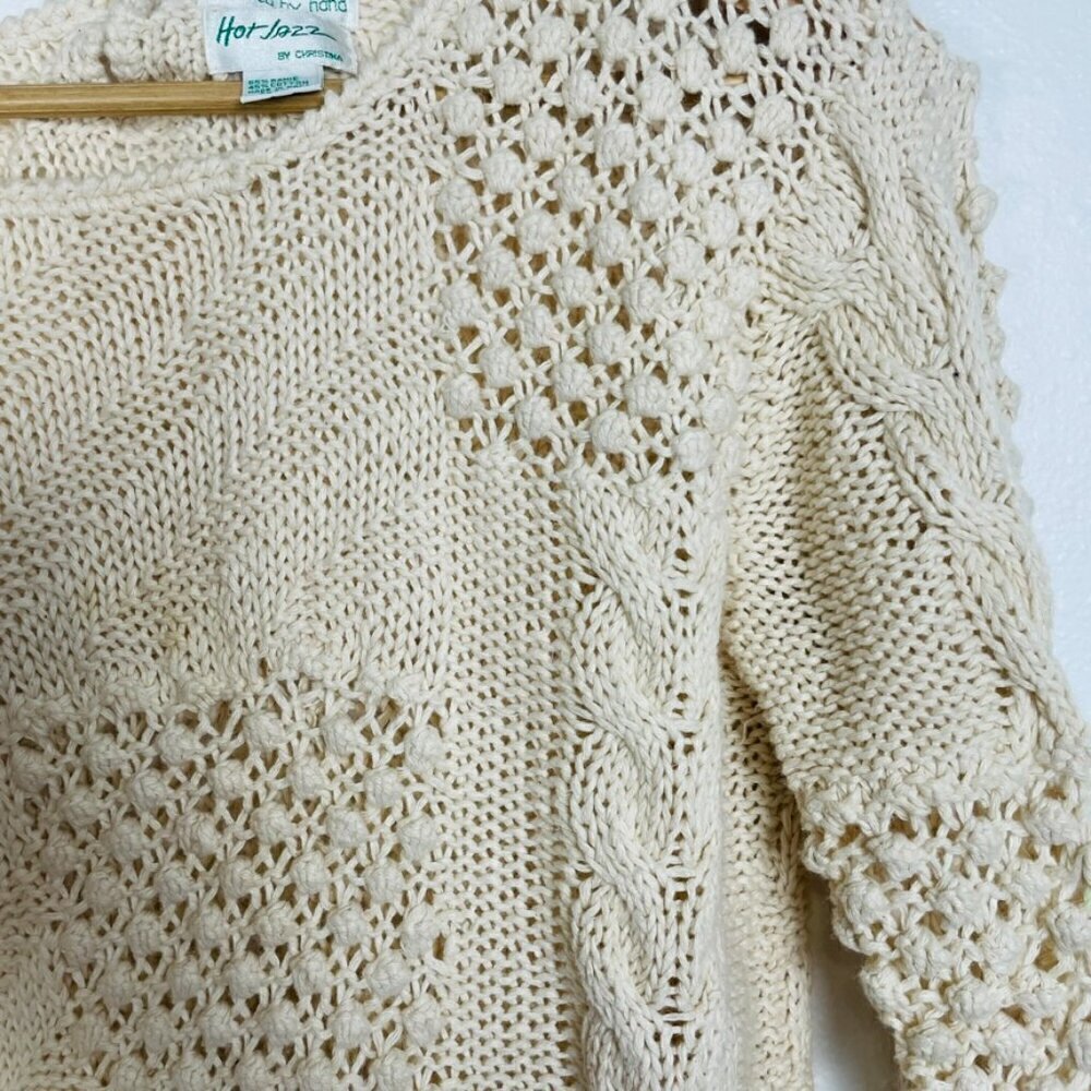Vintage Hot Jazz Natural Made Hand Knit Cream knotted Eyelet Sweater Cottagecore - Picture 5 of 9